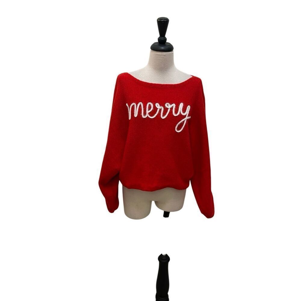 So Me Women's Knit Dolman Sleeve Merry Tinsel Lettering Christmas Sweater Red Sm